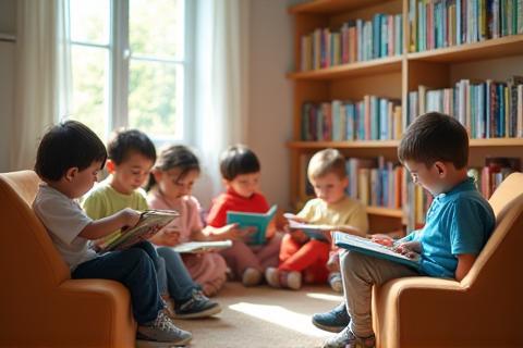 Students reading books in a newly furnished library corner